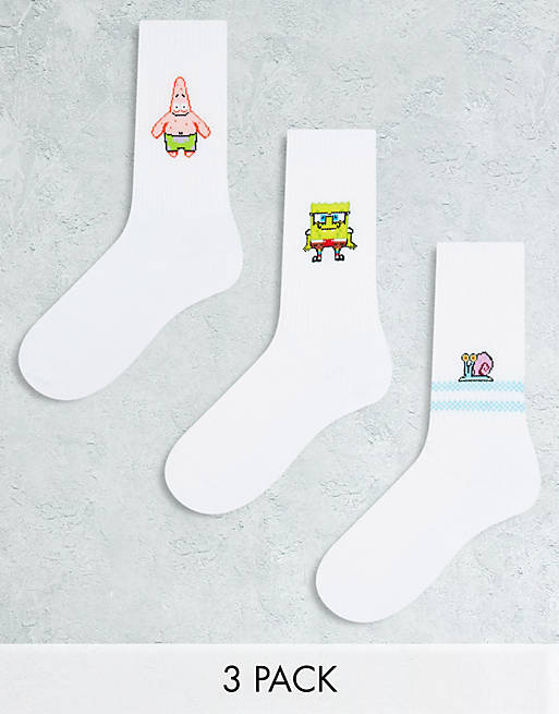 ASOS Design 3 Pack Sports Socks with Spongebob, Gary and Patrick-White