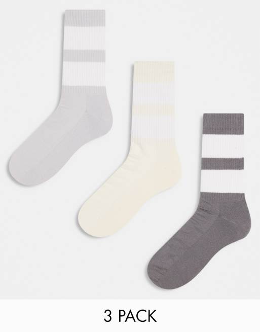 ASOS DESIGN 3 pack sports socks with thick stripes in grey tones