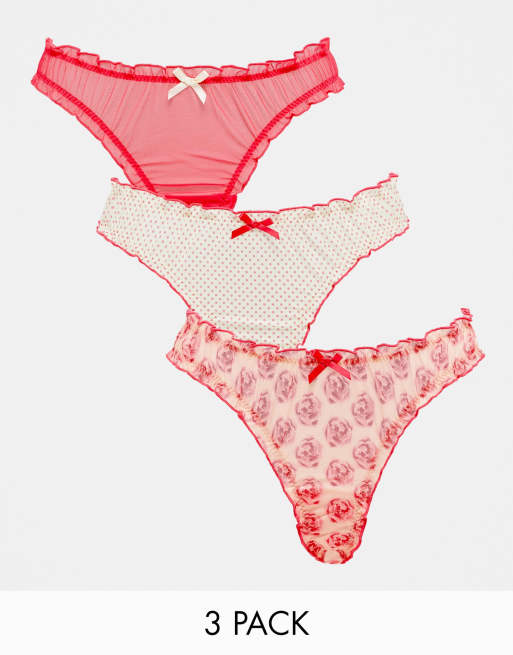 ASOS DESIGN 3 pack spot & floral mesh scrunch thong in pink