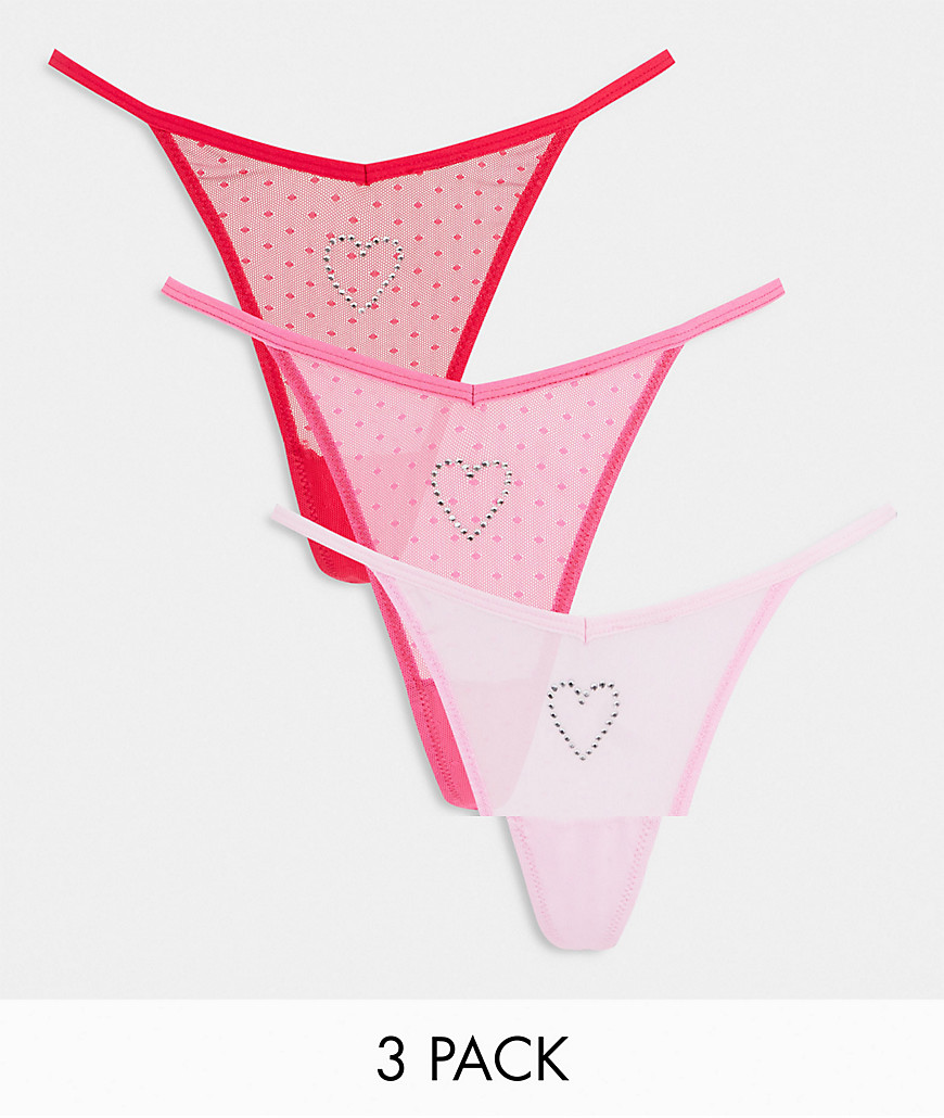 ASOS DESIGN 3 pack spot mesh v-front thong with diamante heart in pinks & red-Multi