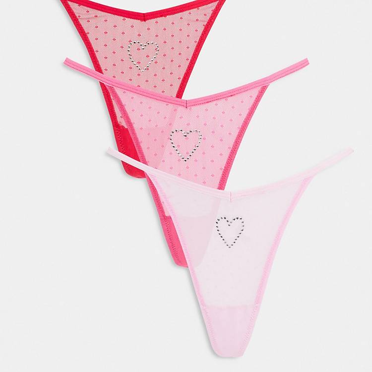 3 pack spot mesh v-front thong with diamante heart in pinks & red Asos Women Clothing Underwear Lingerie Sets 