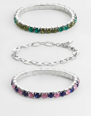 Asos Design 3 Pack Square Crystal And Geometric Link Chain Bracelet In Multi