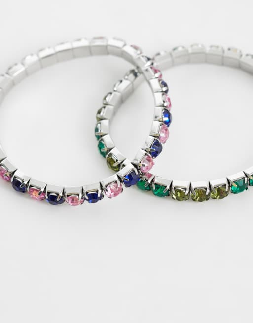 ASOS DESIGN 3 pack square crystal and geometric link chain bracelet in silver, 2 of 3