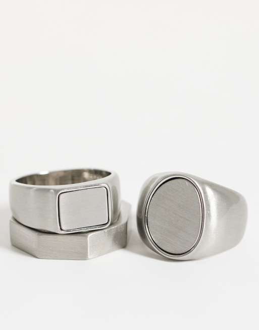ASOS DESIGN 3 pack square top signet ring in silver, 2 of 3