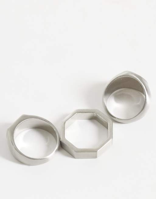ASOS DESIGN 3 pack square top signet ring in silver, 3 of 3