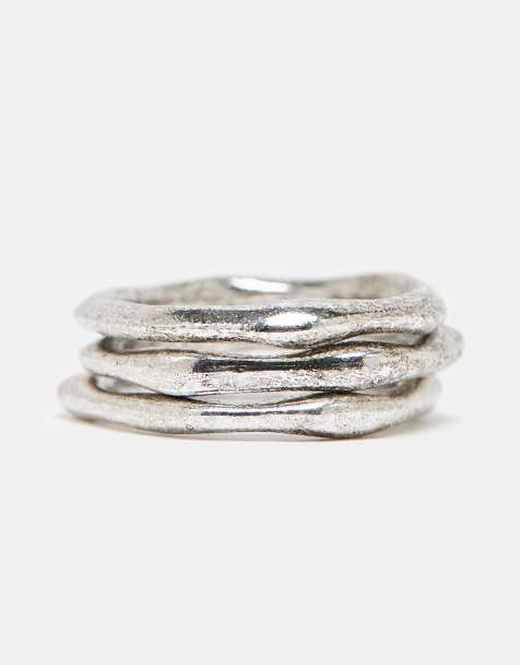 ASOS DESIGN 3 pack band ring set with embossing in burnished silver tone