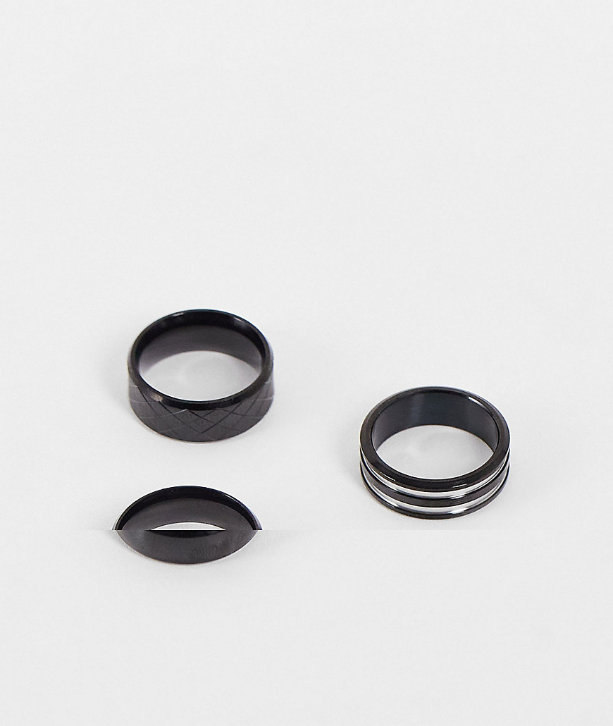 ASOS DESIGN 3 pack stainless steel band ring set with silver highlights in black-Multi