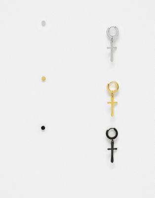 ASOS DESIGN 3 pack stainless steel drop and stud earring set with cross in matte black gold and silver - ASOS Price Checker