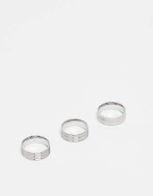 ASOS DESIGN 3 pack stainless steel embossed band rings in brushed silver tone