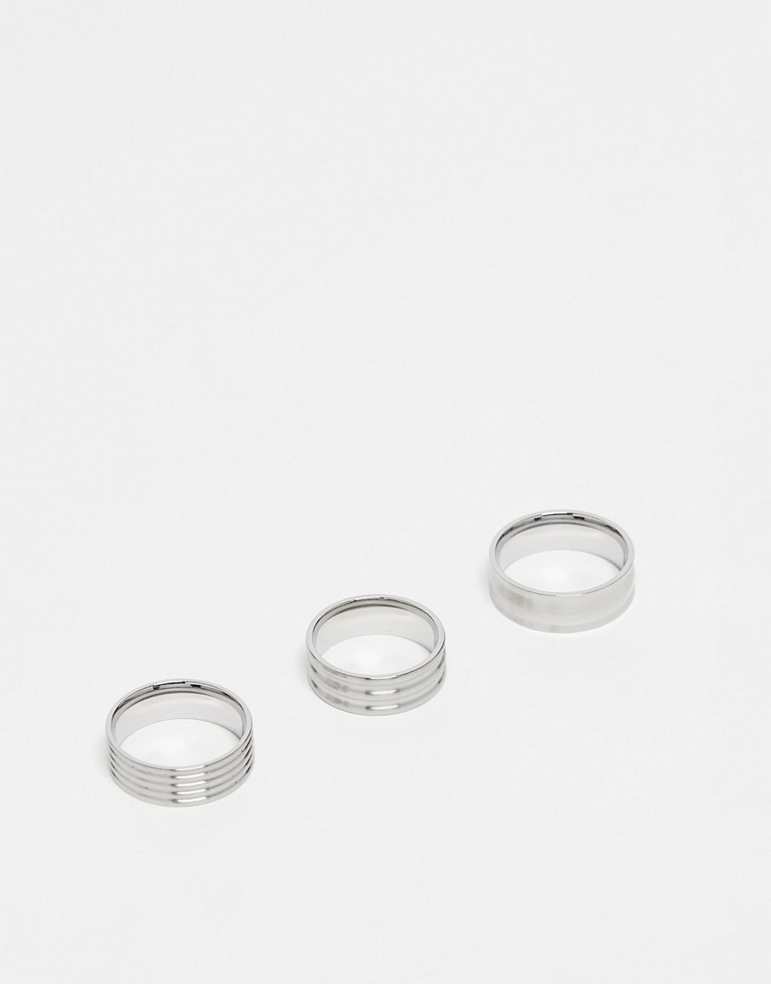 3 pack stainless steel embossed band rings in brushed silver tone