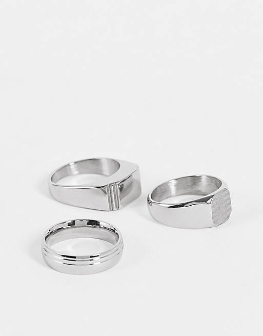 Men 3 pack stainless steel mixed signet ring set in silver tone 