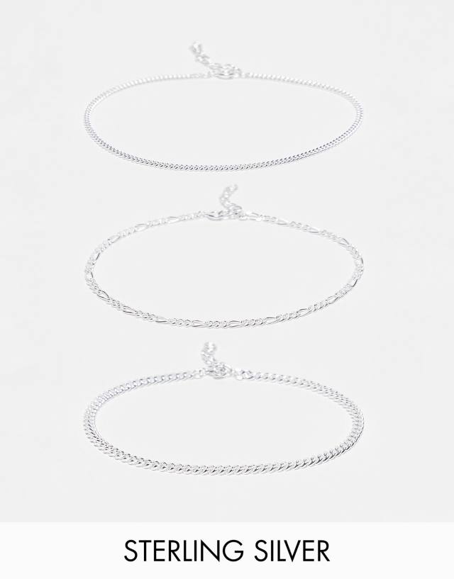 ASOS DESIGN 3 pack sterling silver curb and figaro chain bracelets