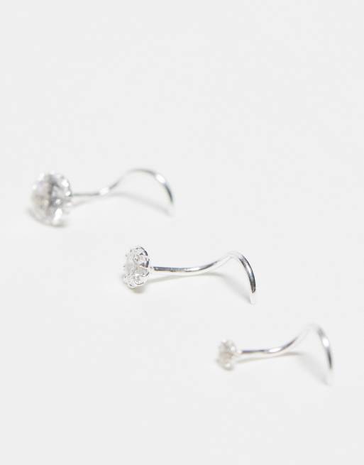 ASOS DESIGN 3 pack sterling silver nose stud set with crystals ASOS