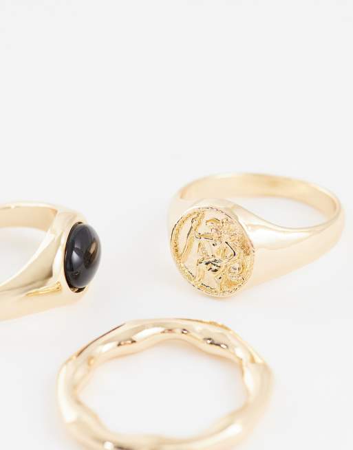ASOS DESIGN 3 pack stone and St Christopher signet rings in gold, 3 of 3