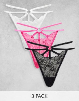 ASOS DESIGN 3 pack strappy mesh and lace thong in black, white & hot pink