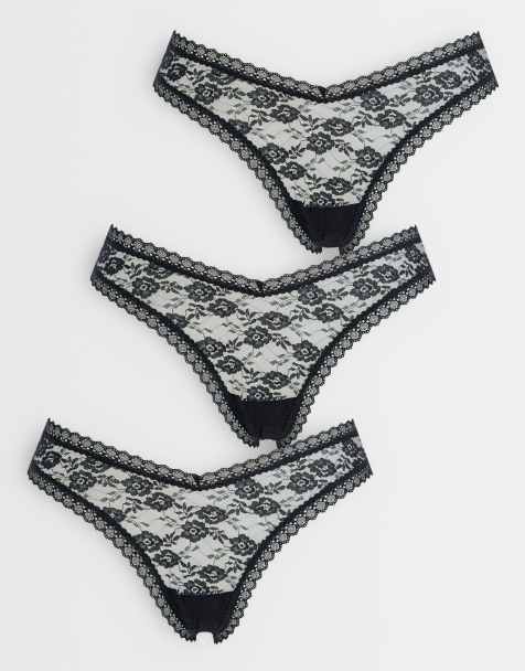 ASOS DESIGN 3-pack strings van kant in zwart - view 1