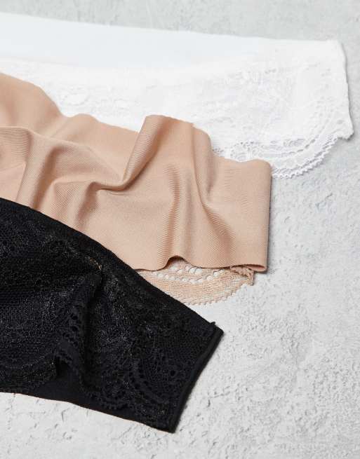 ASOS DESIGN 3-pack stringtrosor utan VPL med spetskant i svart, vitt och beige, 3 av 3