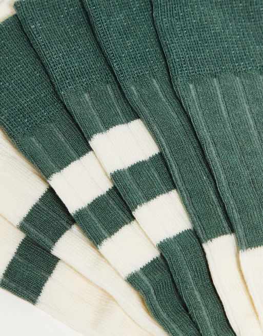 ASOS DESIGN 3 pack stripe ribbed ankle socks in green and ecru, 2 of 4