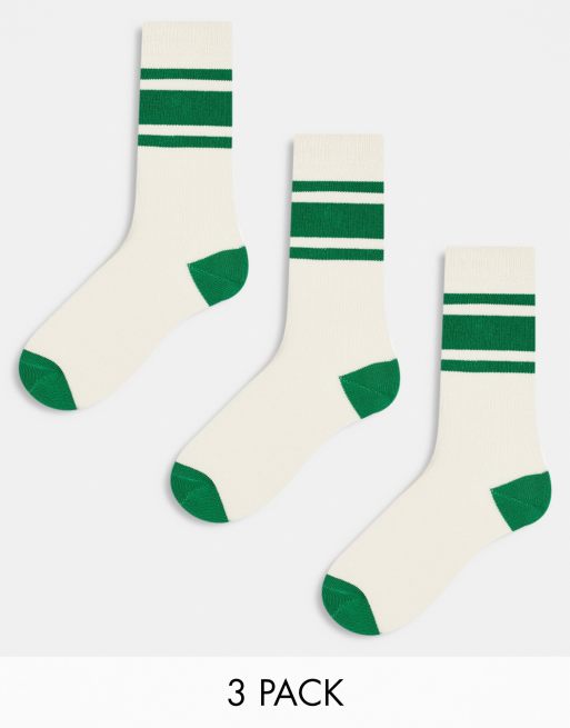 ASOS DESIGN 3 pack stripe sock in green and ecru