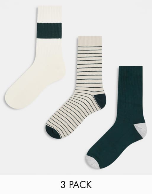 ASOS DESIGN 3 pack stripe sports sock in green and stone