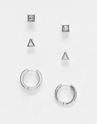 ASOS DESIGN 3 pack stud and hoop earrings set with crystal and triangle in silver tone