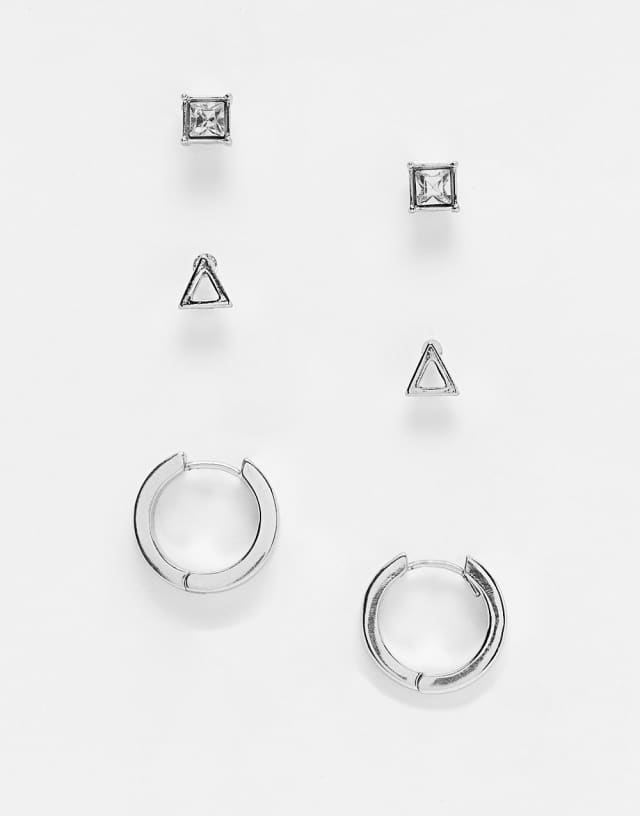 ASOS DESIGN 3 pack stud and hoop earrings set with crystal and triangle in silver tone