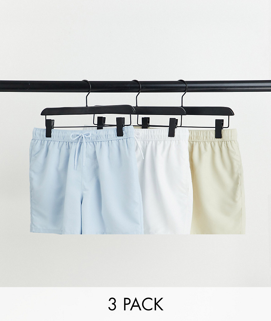 ASOS DESIGN 3 pack swim shorts in blue white & beige short length save-Multi