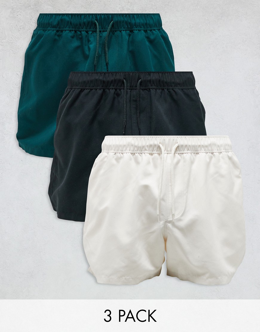 ASOS DESIGN 3 pack swim shorts in short length in black/green/grey-Multi
