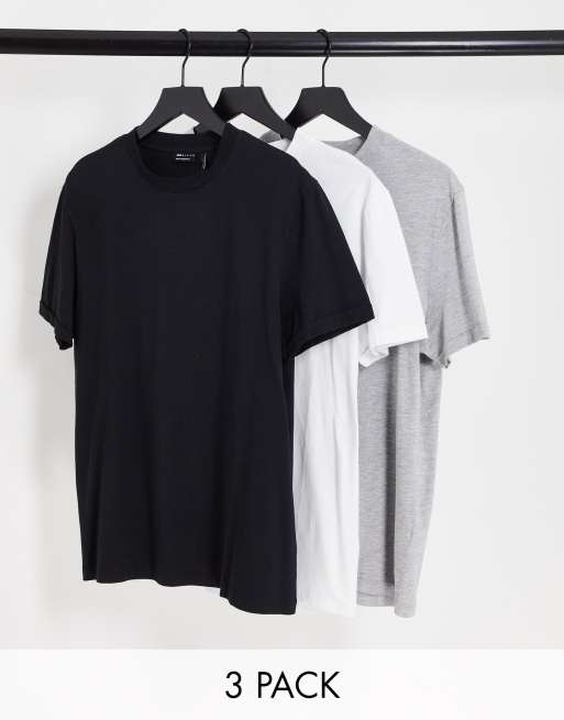 ASOS DESIGN 3 pack t-shirt with crew neck and roll sleeve in black, white and gray heather