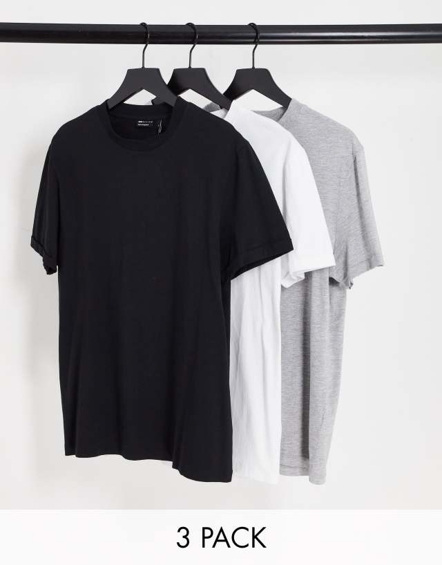 ASOS DESIGN 3 pack t-shirt with crew neck and roll sleeve in black white and gray heather