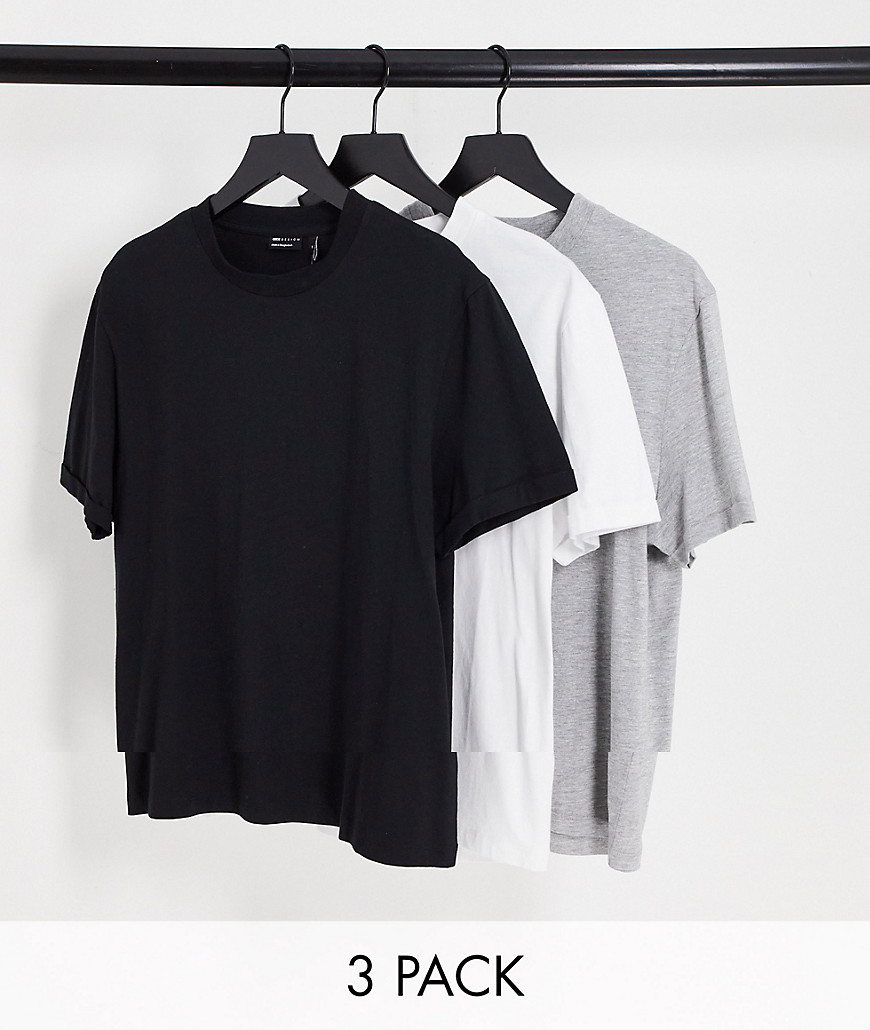ASOS DESIGN 3 pack t-shirt with crew neck and roll sleeve in black, white and grey marl-Multi
