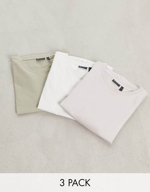 ASOS DESIGN 3 Pack t-shirt with crew neck in beige, white and stone