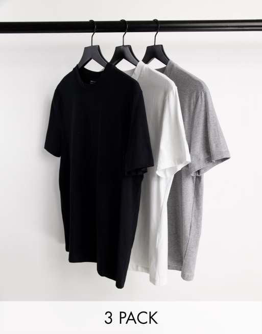 ASOS DESIGN 3 pack t-shirt with crew neck in black, white and grey