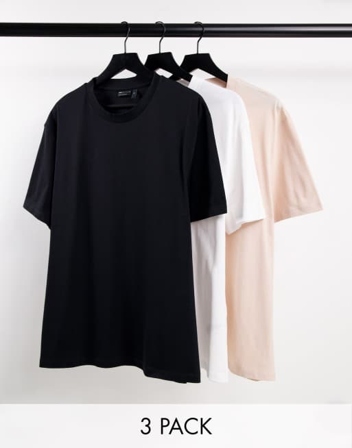 ASOS DESIGN 3 pack t-shirt with crew neck in black, white and nude