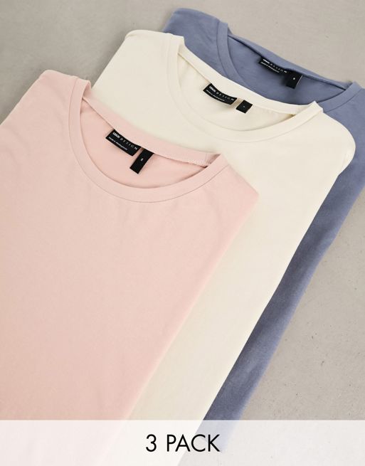 ASOS Design 3 Pack T-Shirt with Crew Neck in Blue, Ecru and Pink-Multi