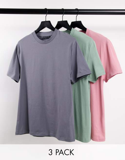 ASOS DESIGN 3 pack t-shirt with crew neck in grey, khaki and pink
