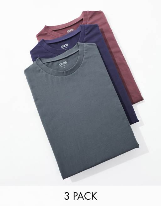 ASOS DESIGN 3 pack t-shirt with crew neck in navy, brown and gray