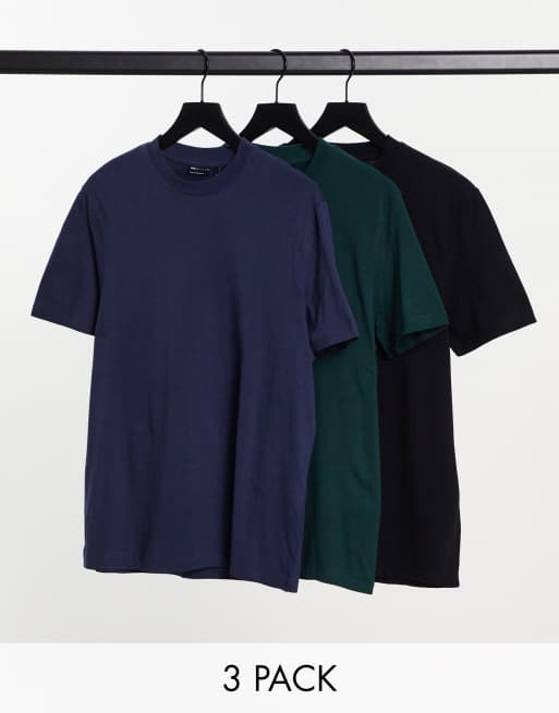 ASOS DESIGN 3 pack t-shirt with crew neck in navy, green and black
