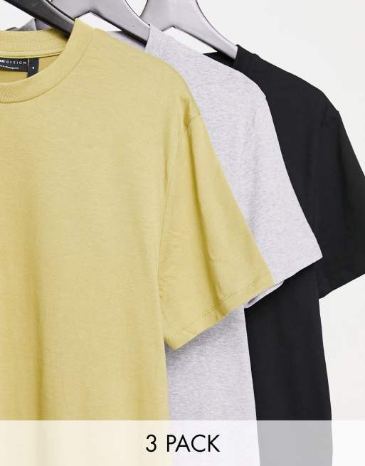 ASOS DESIGN 3 pack t-shirt with crew neck in olive, gray heather and black