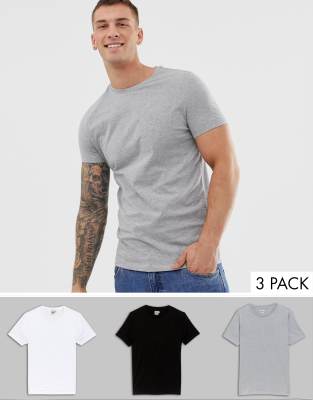 ASOS DESIGN 3 pack t-shirt with crew neck in white/black/gray marl with crew neck save-Multi