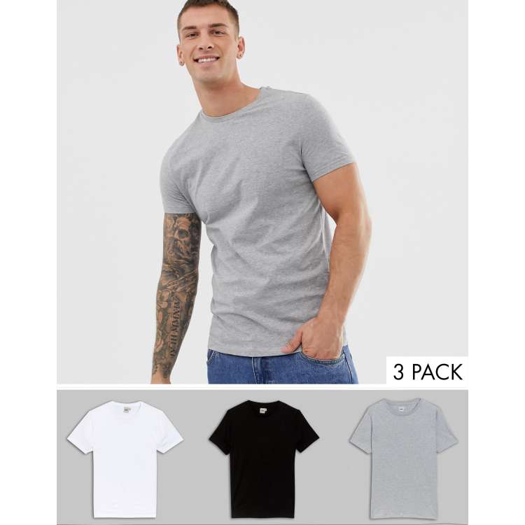 ASOS DESIGN 3 pack t-shirt with crew neck in white/black/grey marl with  crew neck save