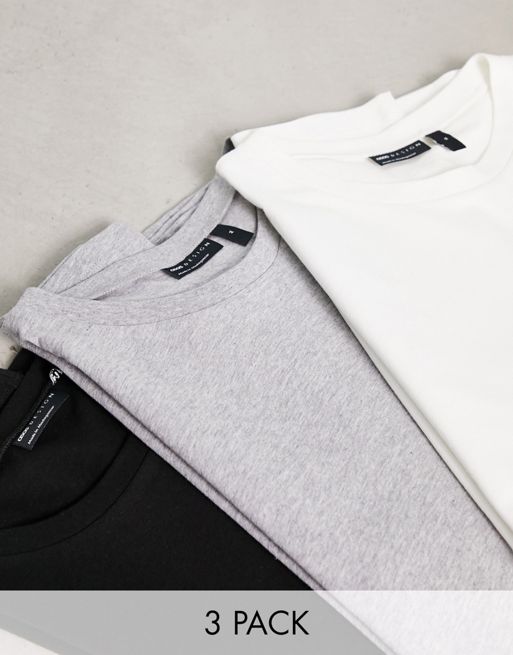 ASOS DESIGN 3 pack t-shirt with crew neck in white, grey marl and black ...