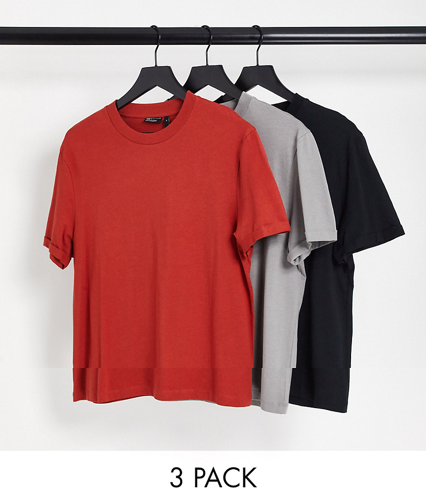 ASOS DESIGN 3 pack t-shirt with roll sleeve in red, grey marl and black-Multi