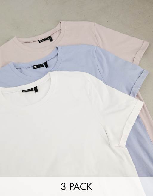 ASOS DESIGN 3 Pack  t-shirt with roll sleeve in white, pink and lilac