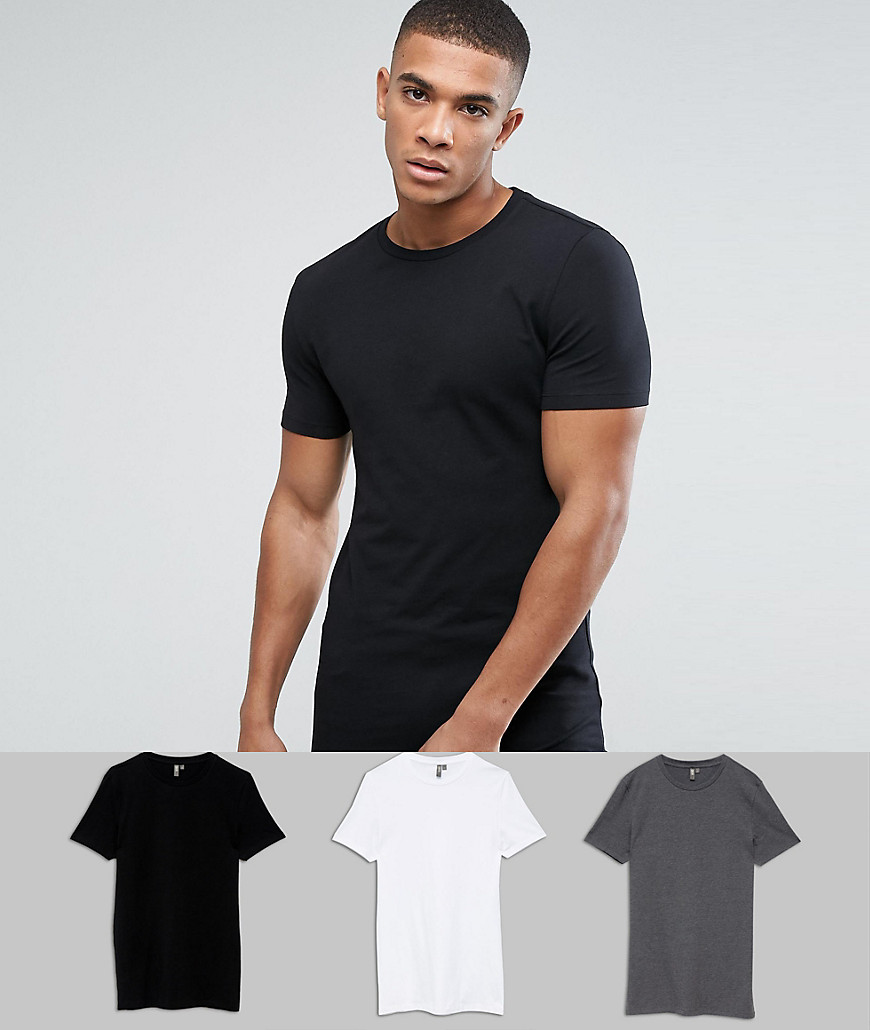 ASOS DESIGN – 3-pack t-shirtar i longline-modell med muscle fit-passform och rund halsringning – Spara-Flerfärgad