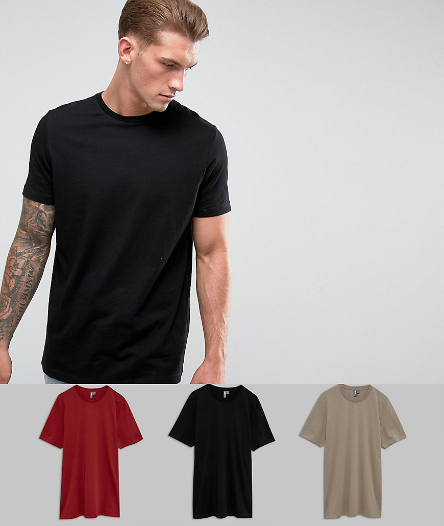 ASOS DESIGN – 3-pack t-shirtar i longline-modell med rund halsringning – Spara-Flerfärgad