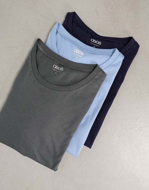 ASOS DESIGN 3 pack t-shirts with crew neck in blue, navy and charcoal
