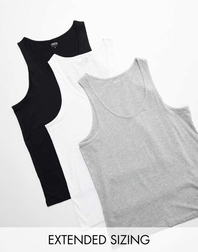 ASOS DESIGN 3 pack tank top with scoop neck in white black and gray heather