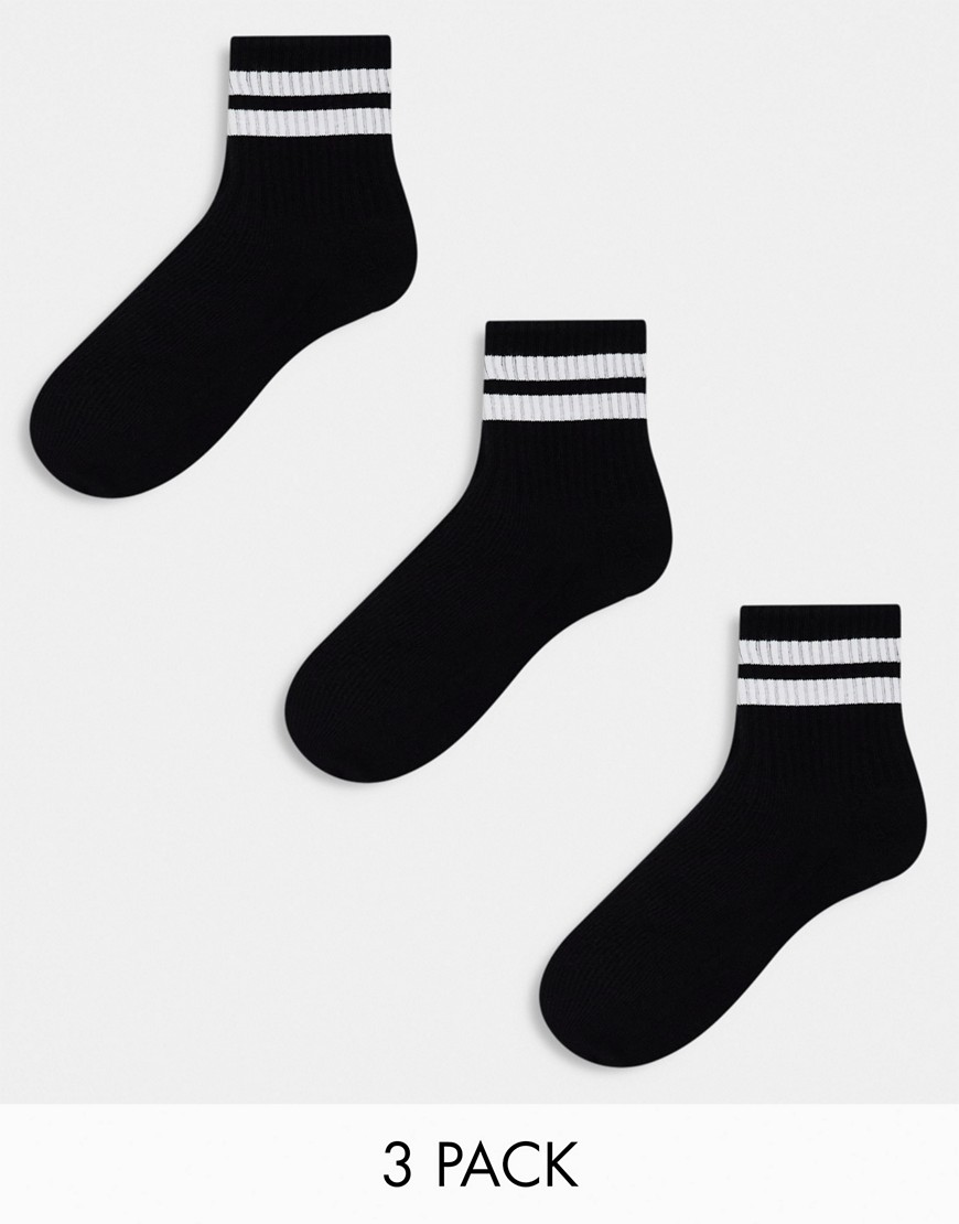 ASOS DESIGN 3 pack terry ankle socks in black with stripes