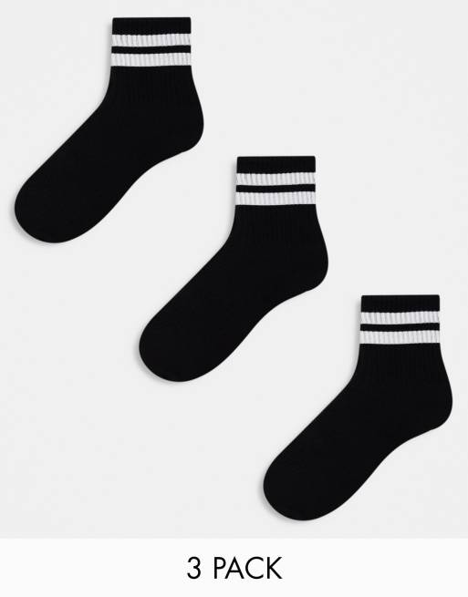 ASOS DESIGN 3 pack terry ankle socks in black with stripes | ASOS